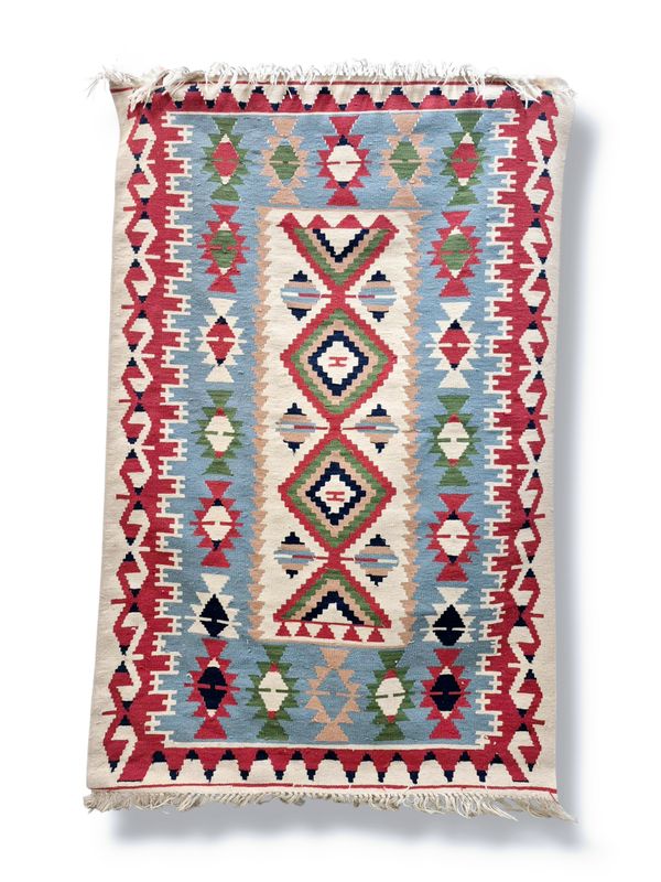 Turkish Blue and Red Kilm Wool Rug