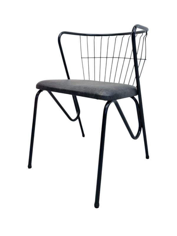 Mid Century Black Wire Armchair Side Chair with Genuine Leather Seat