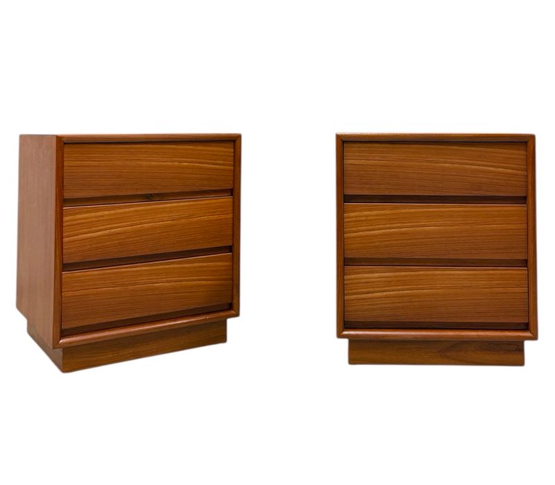 Pair of Mid Century Teak Nightstands with Three Drawers