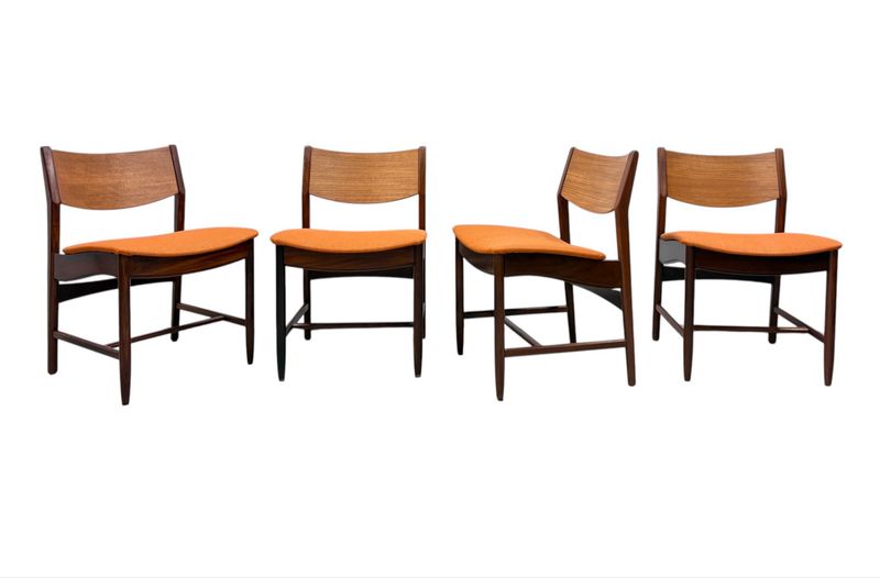 Set of 4 Danish Mid Century Afromosia Teak Chairs with Orange Fabric Seats by Glostrup Møbelfabrik
