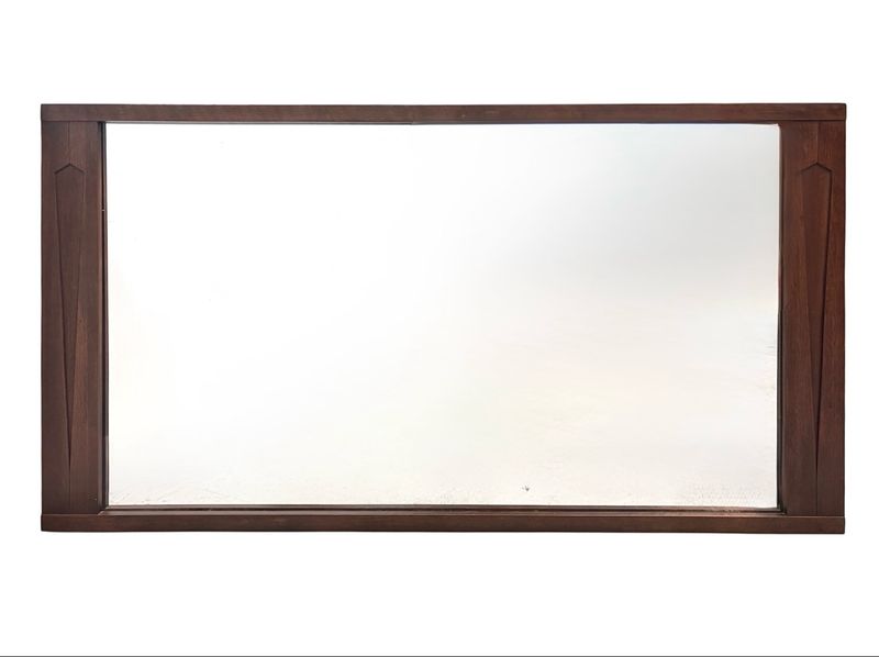 Large Mid Century Walnut Frame Mirror With Diamond Engravings