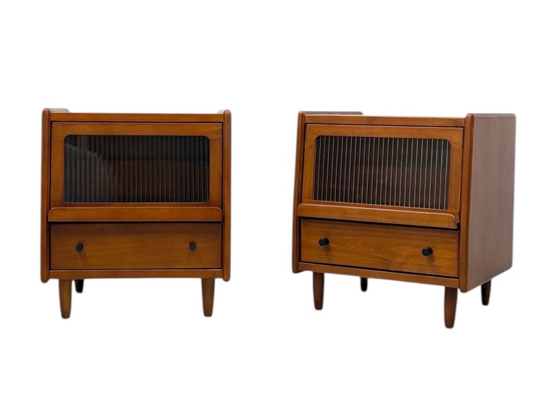 Pair of Japanese Mid Century Modern Style Solid Wood Nightstands with Two Drawers