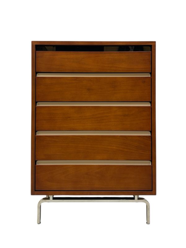 Retro Modern Solid Wood Tallboy Dresser on Tubular Steel Legs Retro Modern Solid Wood Tallboy Dresser on Tubular Steel Legs