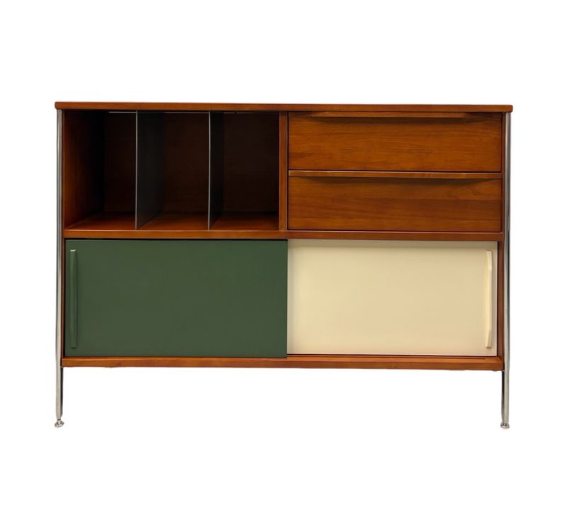 Retro Modern Solid Wood Media Cabinet Credenza on Steel Tubular Legs Retro Modern Solid Wood Media Cabinet Credenza on Steel Tubular Legs