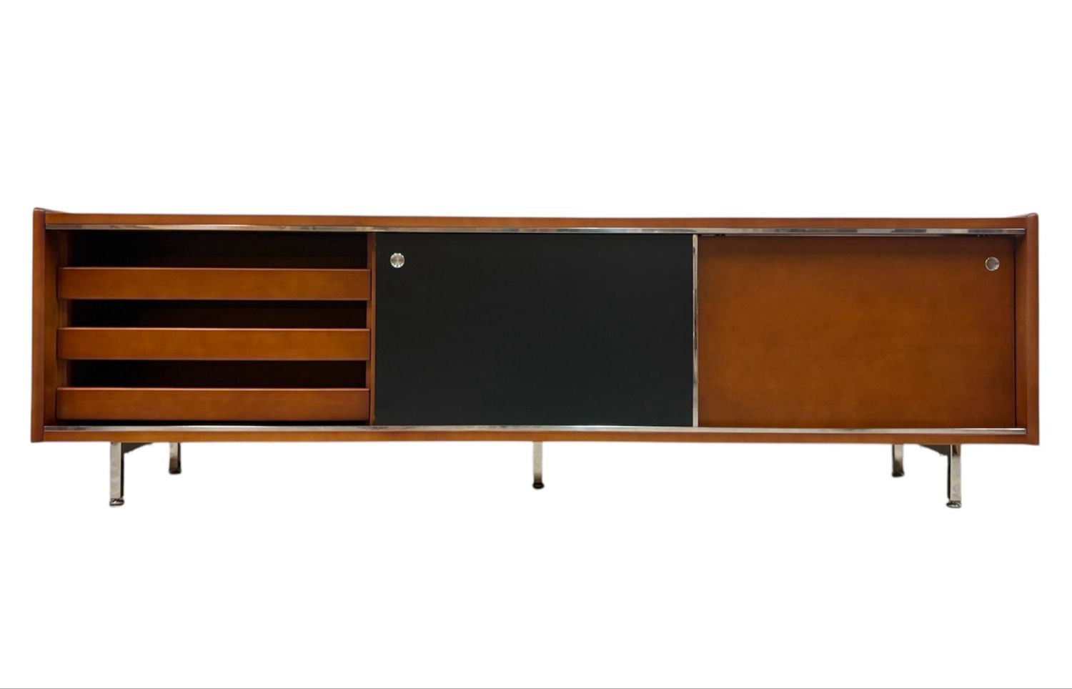 Retro Modern Solid Wood TV Credenza with Black+Wood Doors and Steel Tubular Legs