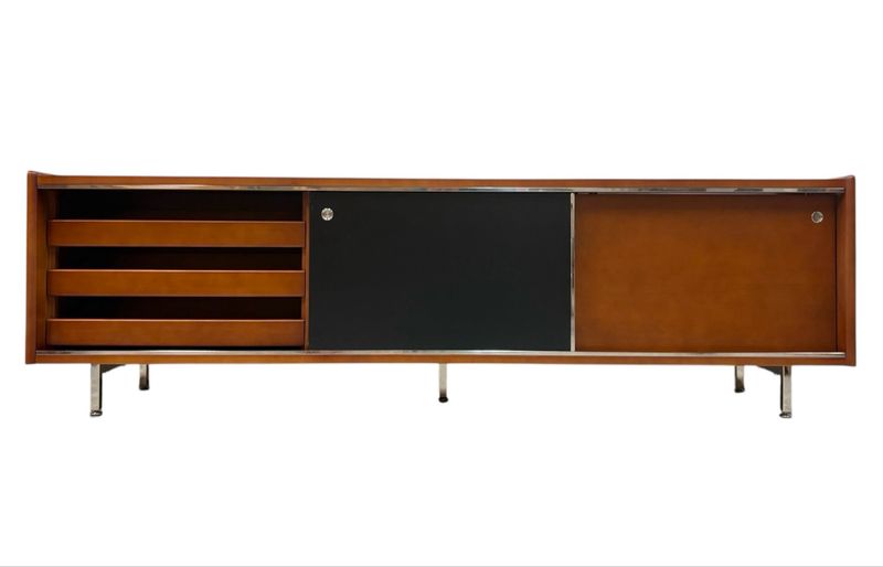 Retro Modern Solid Wood TV Credenza with Black+Wood Doors and Steel Tubular Legs