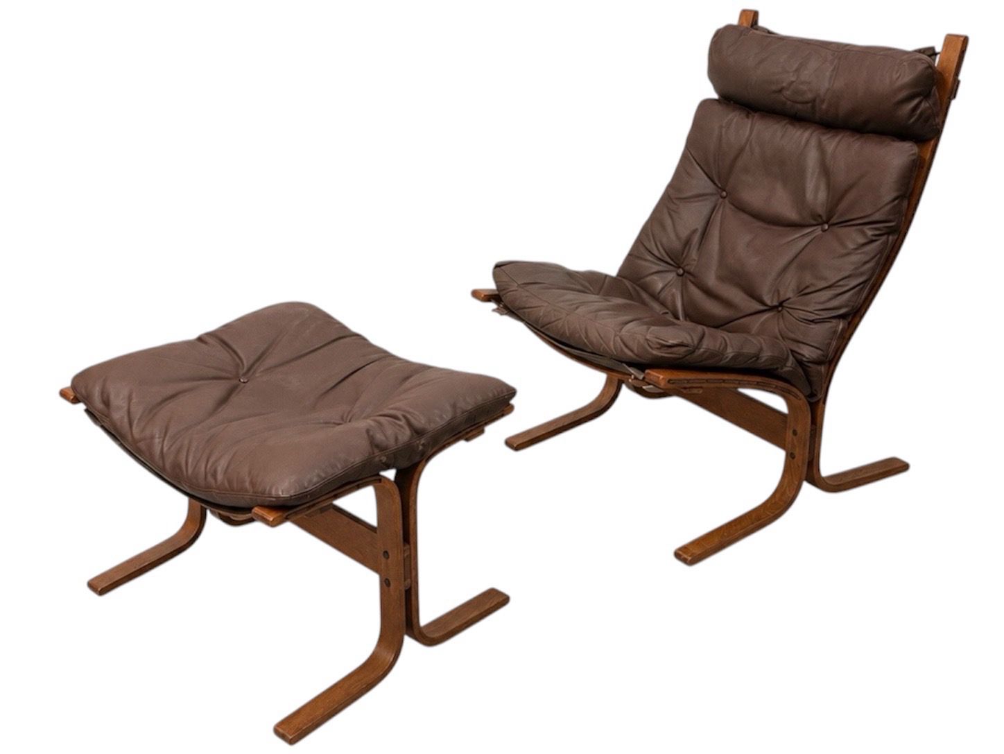 Norwegian Mid Century Brown Leather Siesta Lounge Chair and Footstool Set by Westnofa Norwegian Mid Century Brown Leather Siesta Lounge Chair and Footstool Set by Westnofa