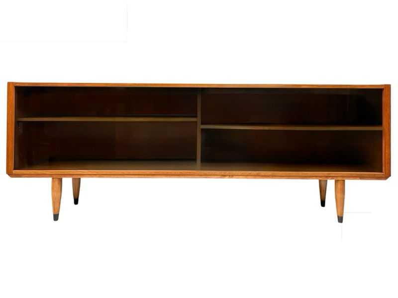 Mid Century Teak Display Credenza with Smoked Glass Doors by Clausen & Son Mid Century Teak Display Credenza with Smoked Glass Doors by Clausen & Son