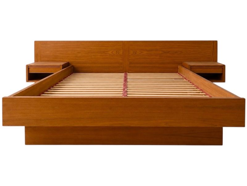Danish Mid Century Teak Queen Size Platform Bed Frame with Floating Nightstands by Jesper