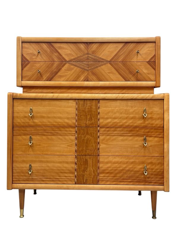 Mid Century Art Deco Blonde Maple Tallboy Dresser by Princeville Furniture