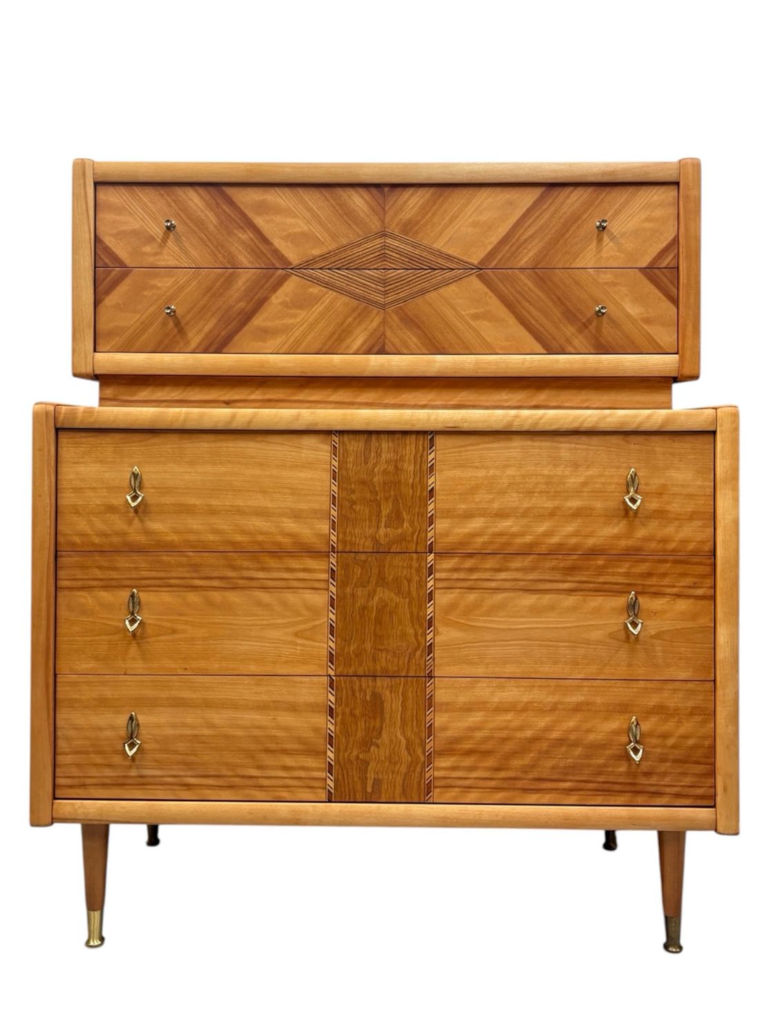 Mid Century Art Deco Blonde Maple Tallboy Dresser by Princeville Furniture