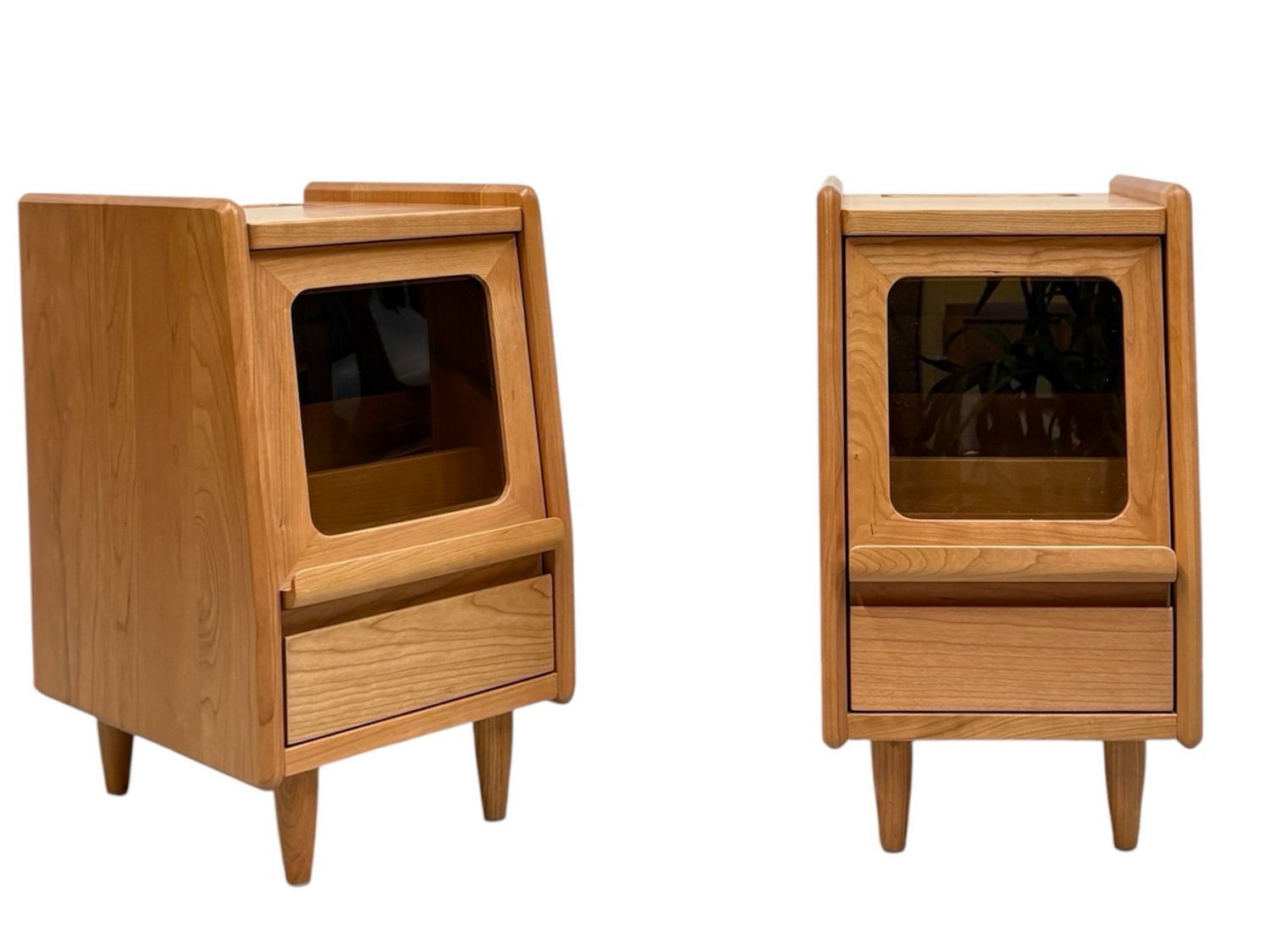 Pair of Japanese Mid Century Modern Style Solid Cherry Nightstands with Amber Glass Drawer - Narrow