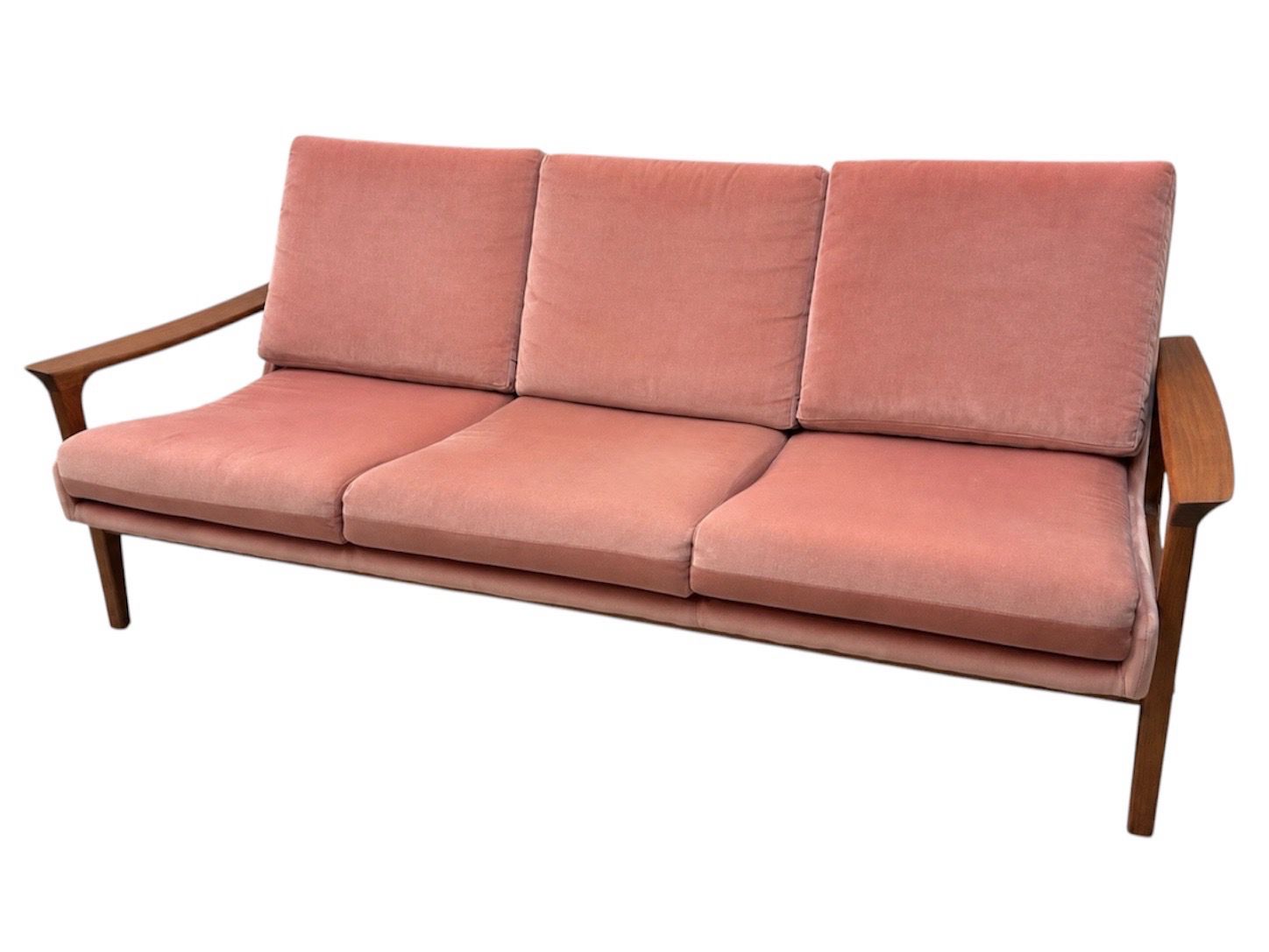 Mid Century Teak Sofa with Dusty Pink Velour Upholstery