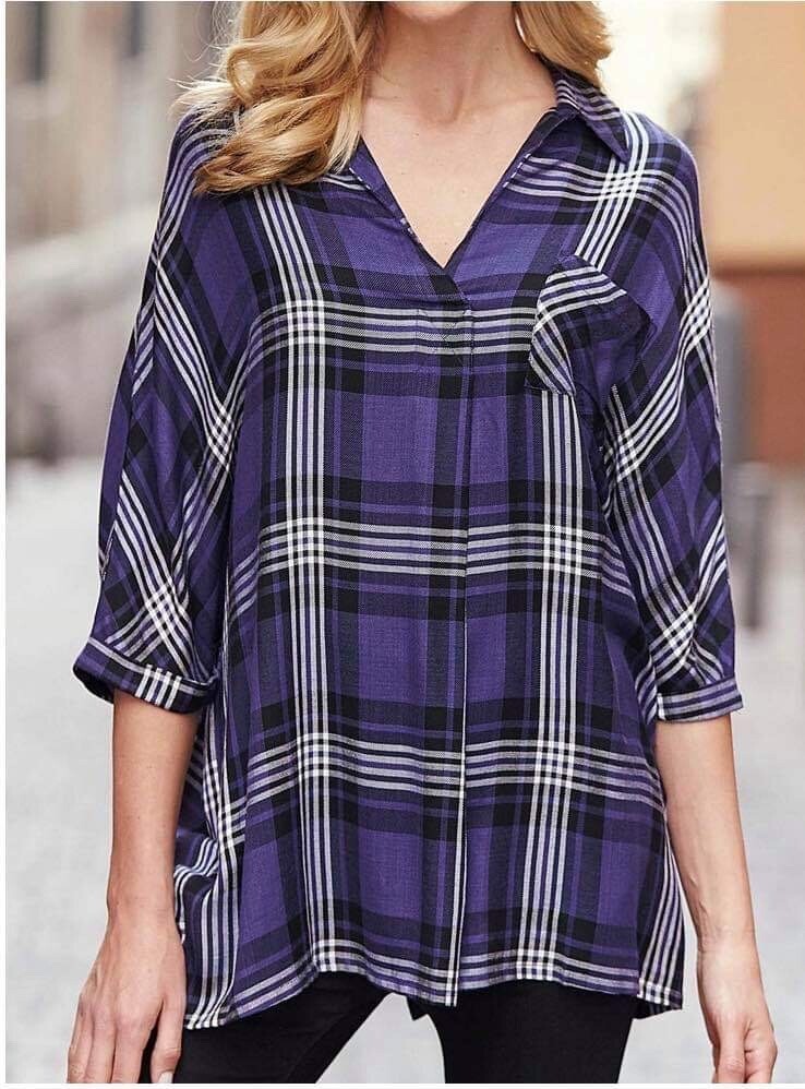 V-Neck Roll Sleeve Check Shirt