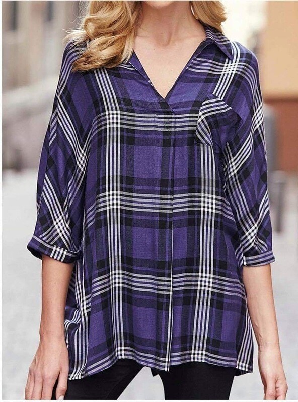 V-Neck Roll Sleeve Check Shirt