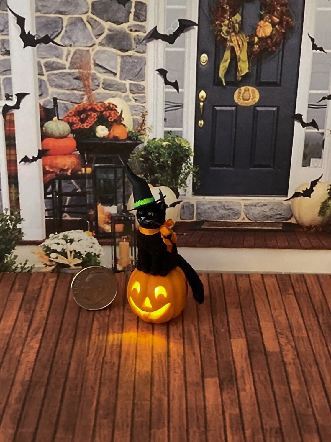 Black Cat On Illuminated Pumpkin