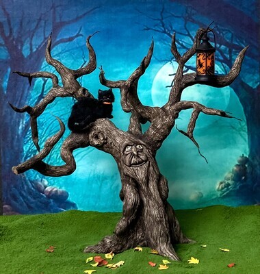 1:12 Scale Illuminated Spooky Halloween Tree With Lantern And Cat