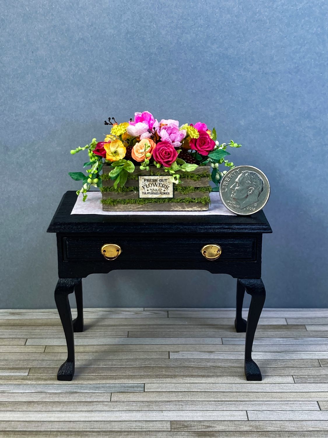 1:12 Scale Vibrant Country Flower Arrangement In Wood Box