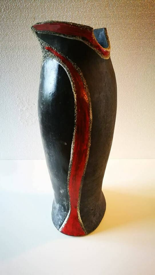 VASO CERAMICA RAKU DRITTO GRIGIO/NERO/ROSSO MAURA KAPILOVIC