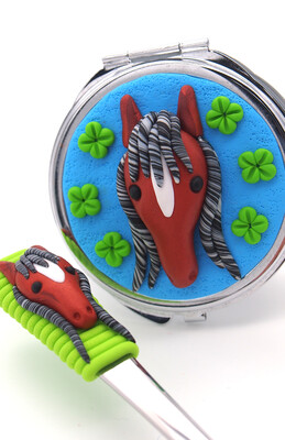 Taschenspiegel mit Pferd aus Fimo - in Geschenkbox