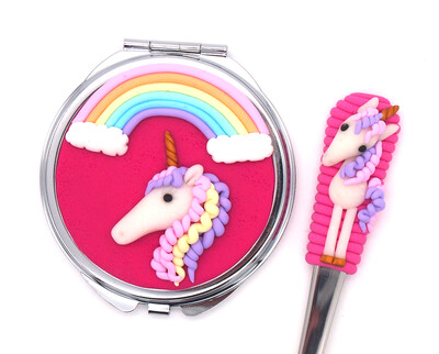 Taschenspiegel mit Einhorn und Regenbogen aus Fimo - in Geschenkbox