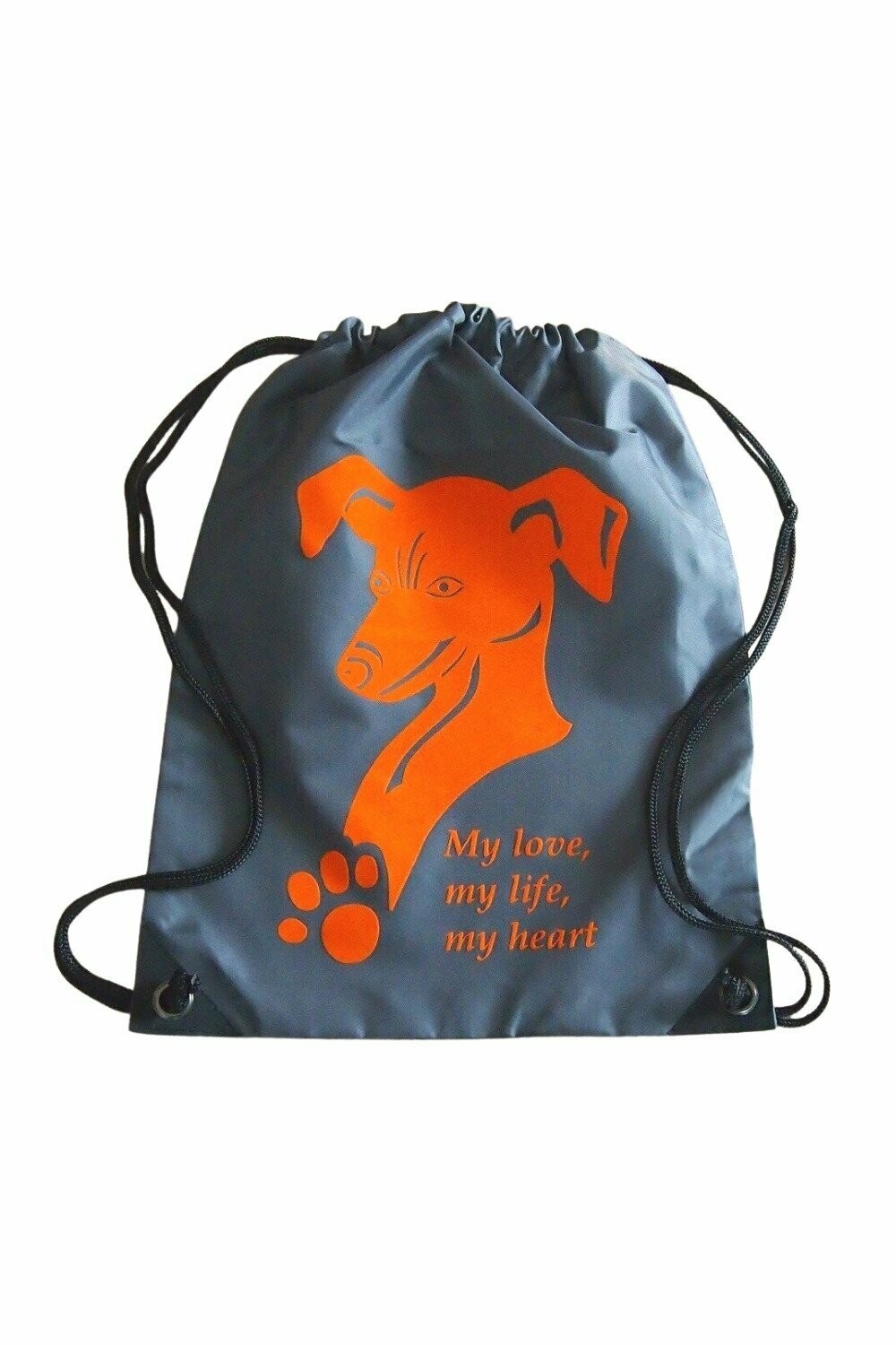Gymsac/Reithelmbeutel "Welpe - My love, my life, my heart" - grau/orange
