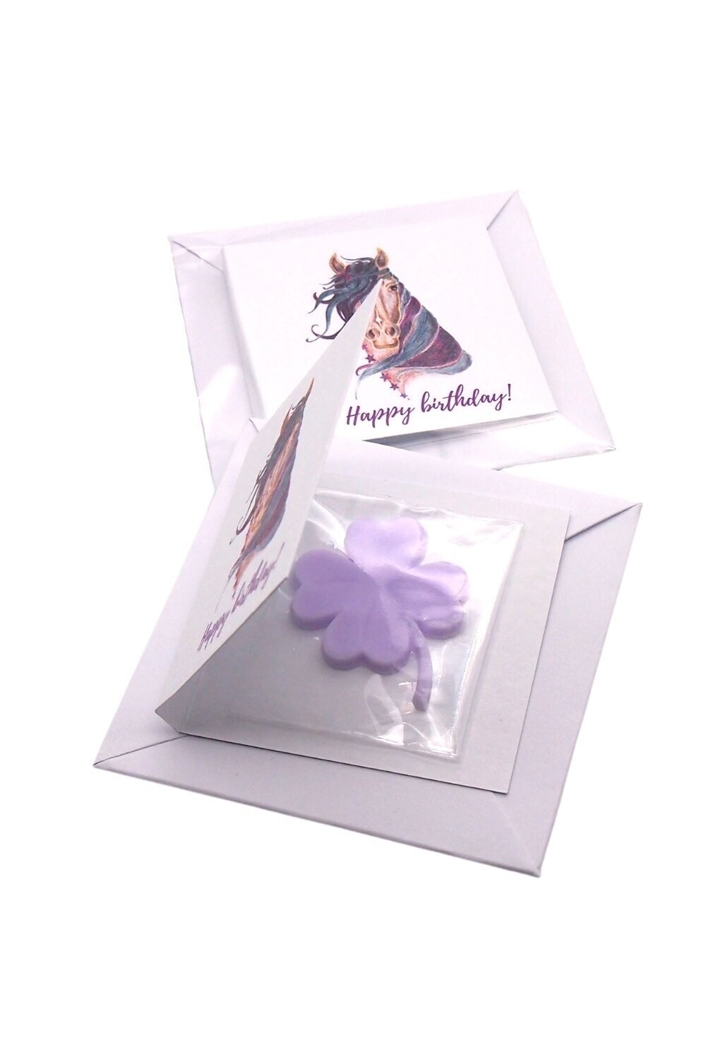 Mini-Wunschkarte mit Glücksklee-Duftseifchen "Happy Birthday"