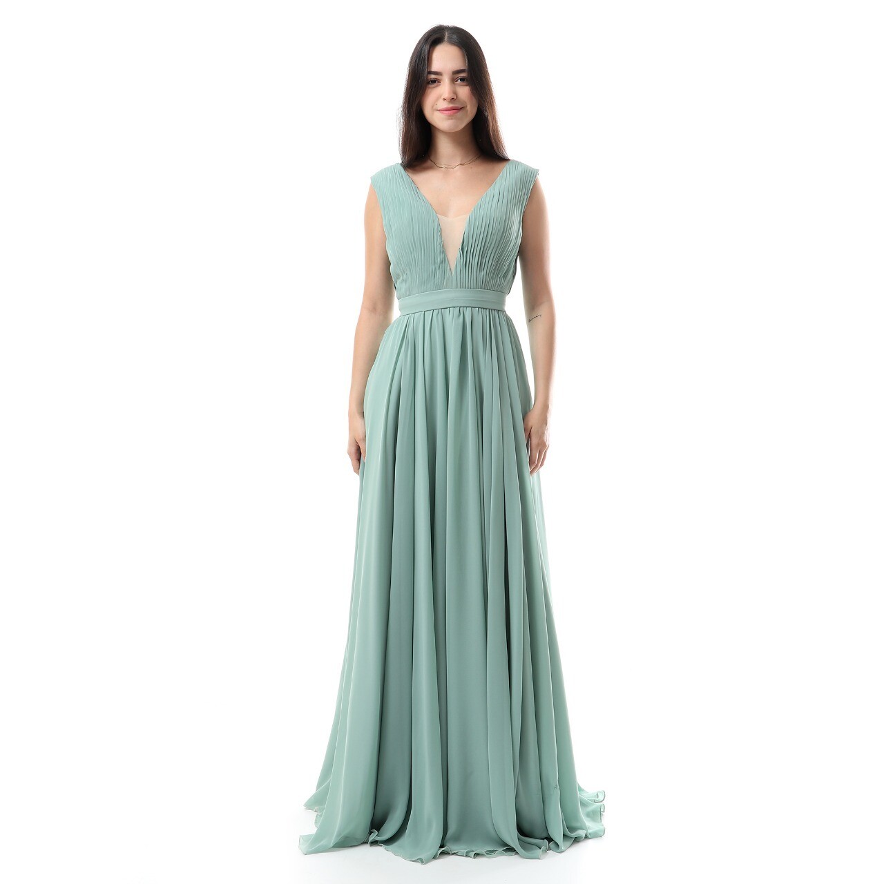 Evening Gown - Pleated - Sleeveless - Pistage 8513