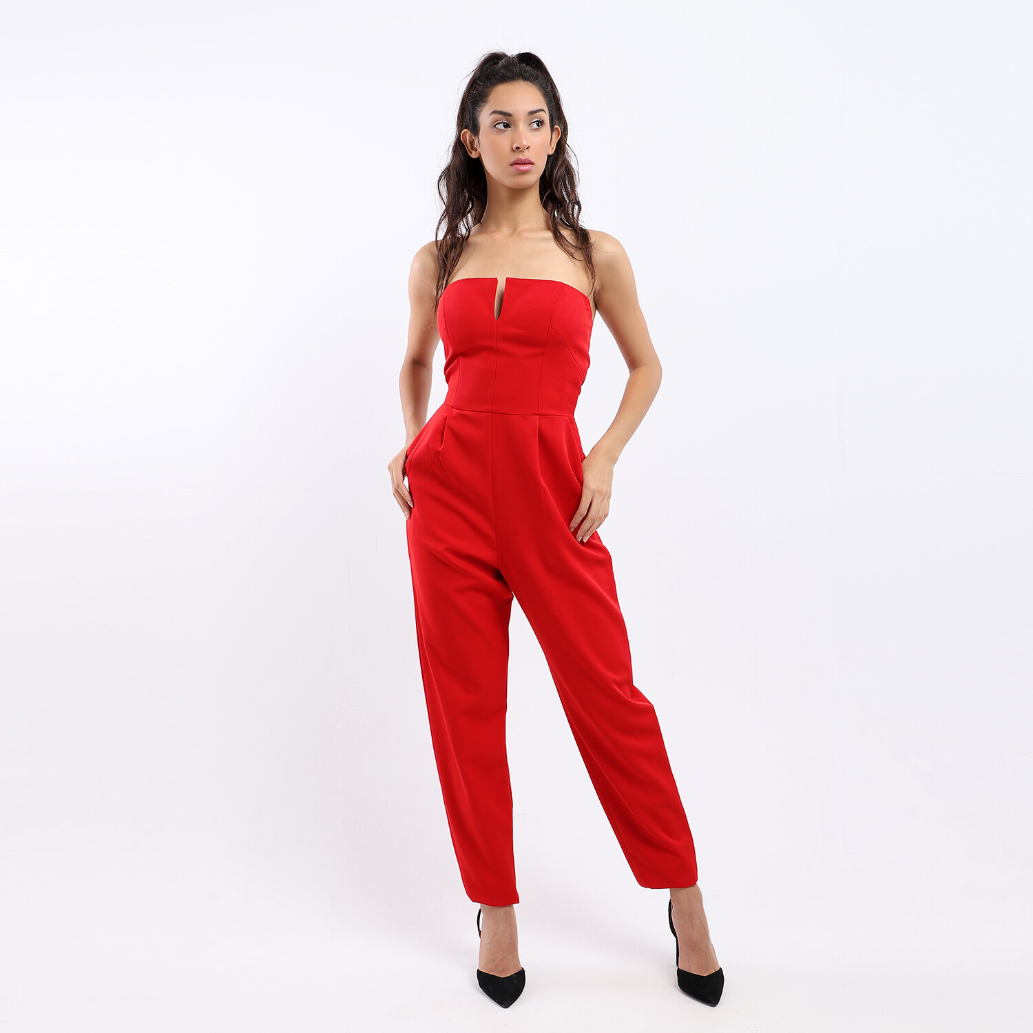 Strapless Jumpsuit With Side Pockets - Red-8553
