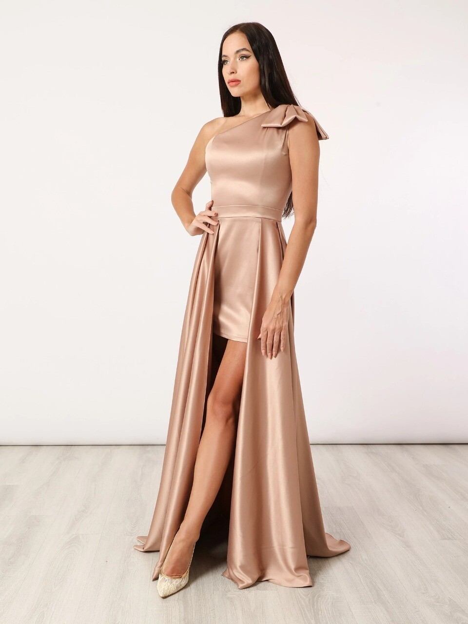 Dress - One Shoulder - Bow Detail - Champagne 8659