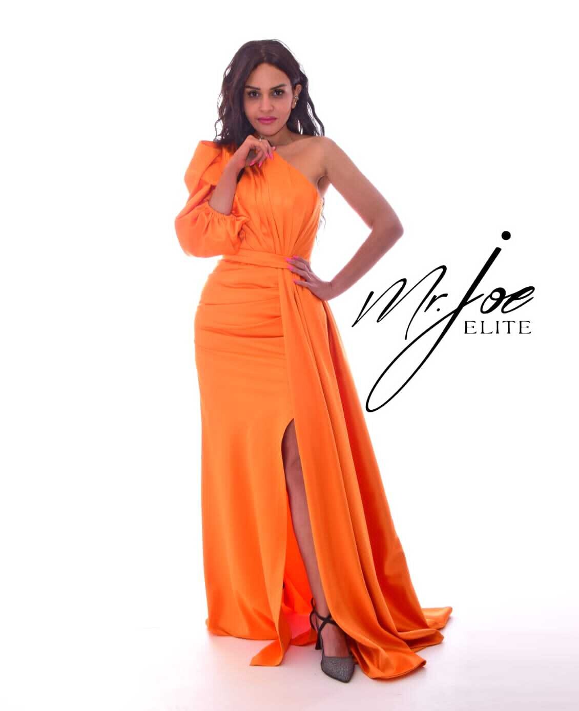 Soiree Dress - Front Pleated Detail - One Long Puffed Shoulder - Orange 8677