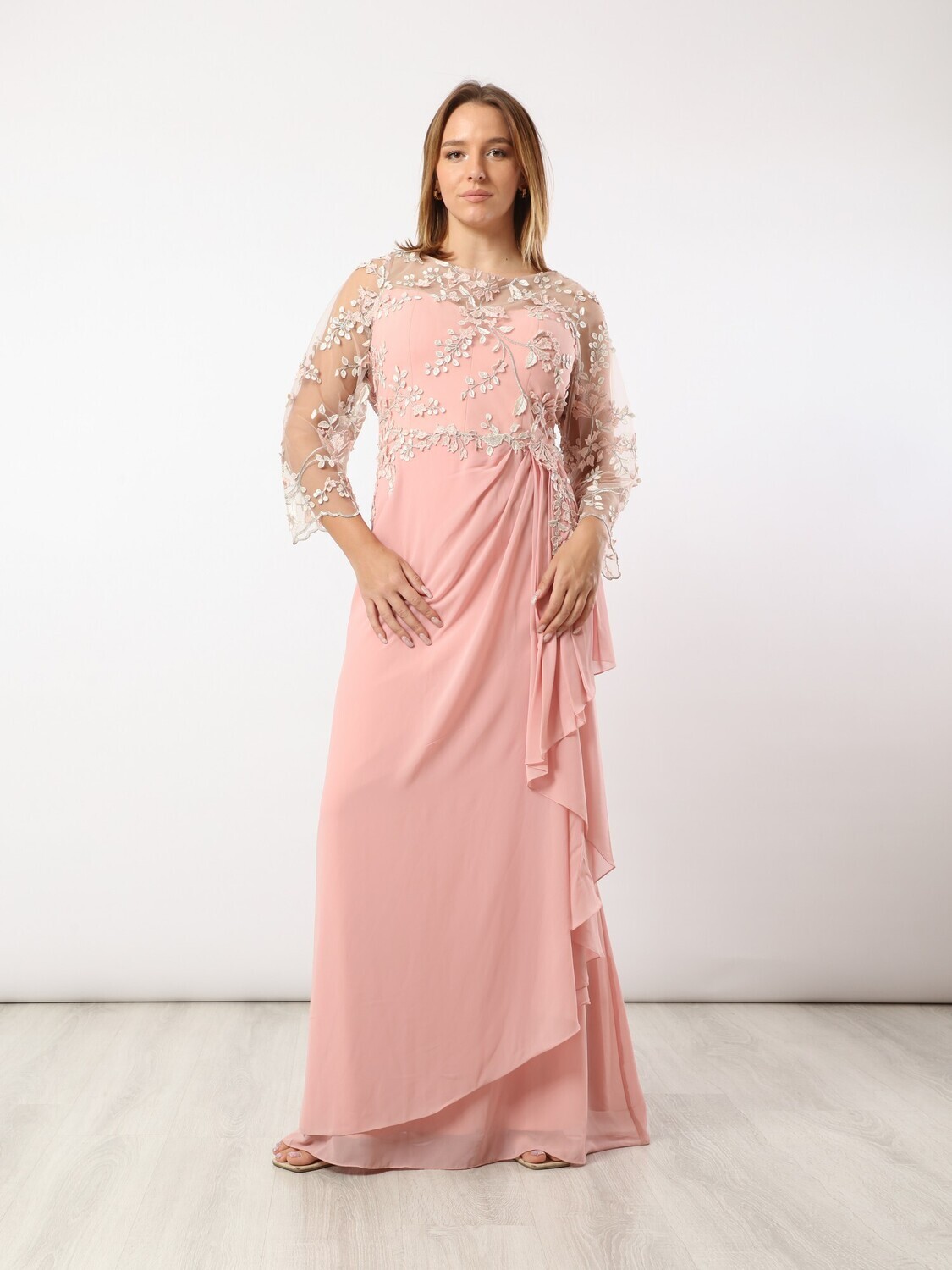 dress-floral-applique-side-ruffle-8606