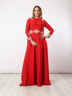 Red soiree-dress-embroidered-hem-long-tail-8618