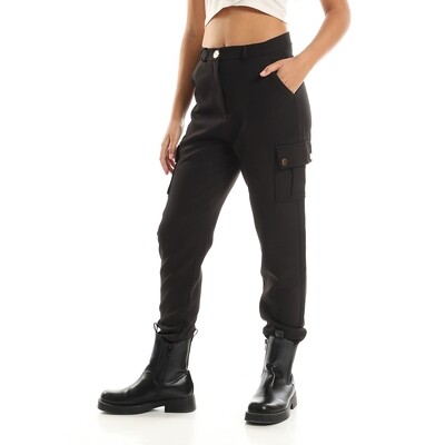 Two Side Pockets Buttoned Jogger - Black-2907