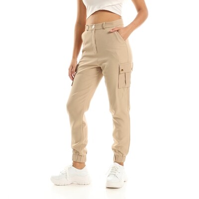 Two Side Pockets Buttoned Jogger - Coffee-2907