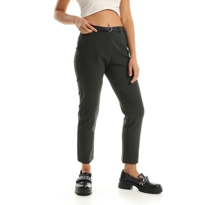 Straight Leg Smart Women Pants With Black Belt - Dark Green-2911