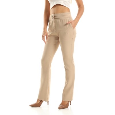 Straight Leg Smart Pants With Gold Buttons - Beige-2918