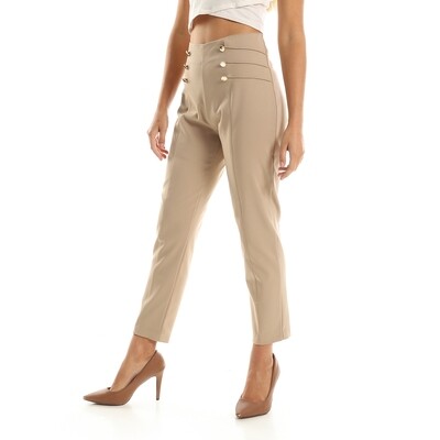 Women Smart Pants With Gold Buttons Details - Coffee-2908