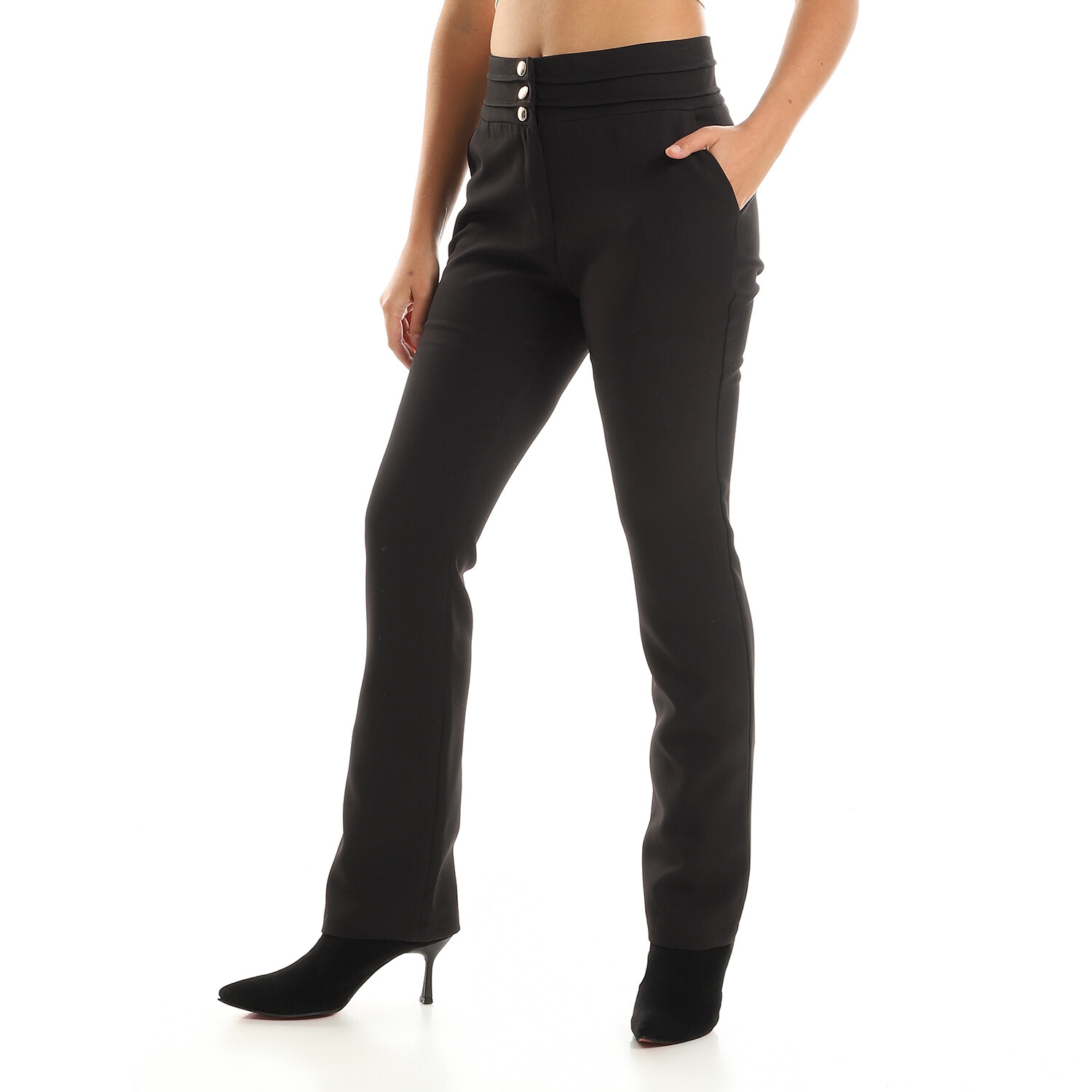 Straight Leg Smart Pants With Gold Buttons - Black-2918