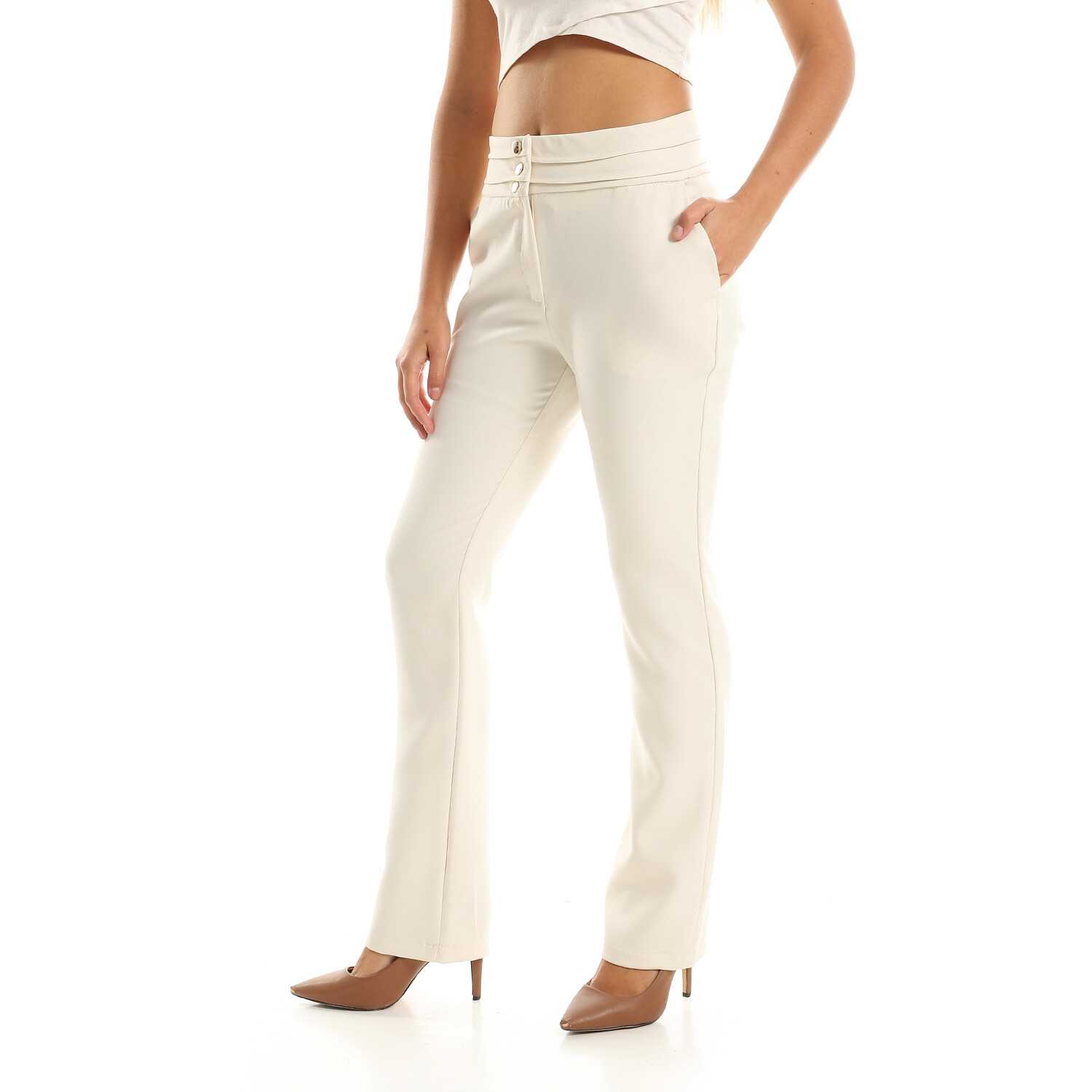 Straight Leg Smart Pants With Gold Buttons - Off White-2918
