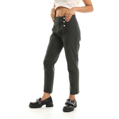 Women Smart Pants With Gold Buttons Details - Forest Green-2908