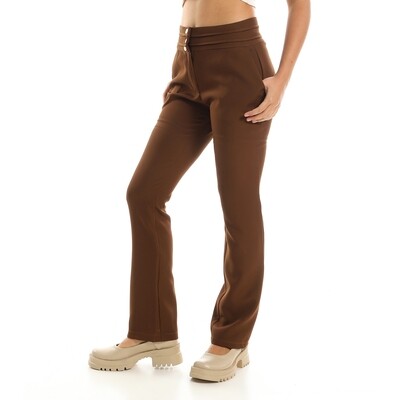 Straight Leg Smart Pants With Gold Buttons - Brown-2918