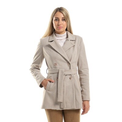 Tiny Plaids Notched Collar Double Breasted Coat - Beige & Brown-2931