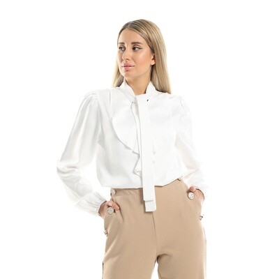 White Blouse With Chest Ruffles & Elastic Cuffs-2928