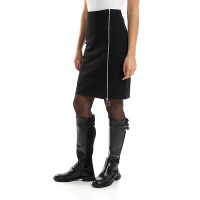 Knee Length Single Vertical Zipper Black Bandless Skirt-2940