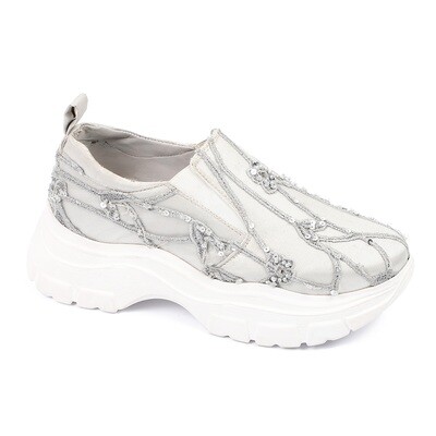 Silver Slip On Emrioded Mesh Sneakers-3999