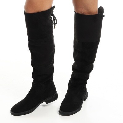 Adjustable Back Lace Suede Over The Knees Boot - Black-3122