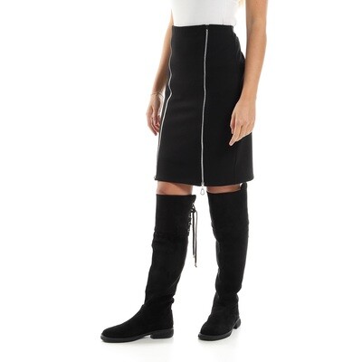 Double Vertical Zippers Bandless Knee Length Black Skirt-2939