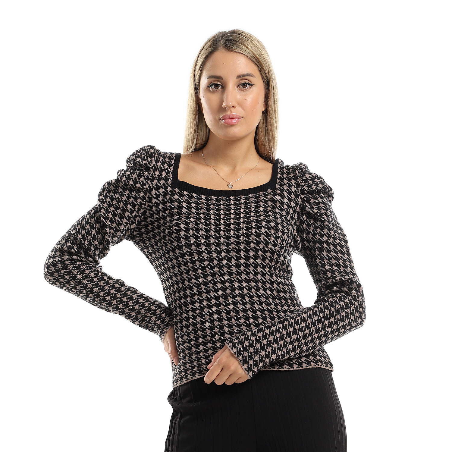 Square Neck Long Sleeves Knitted Houndstooth Coffee & Black Pullover-2922