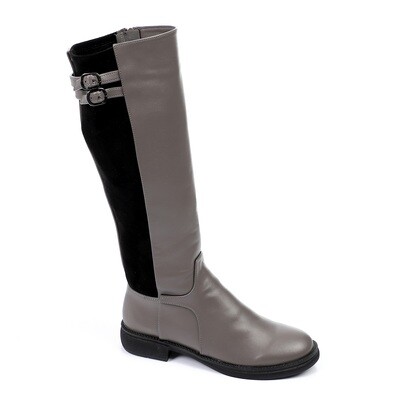 Leather & Suede Grey & Black Knee High Boots-3123